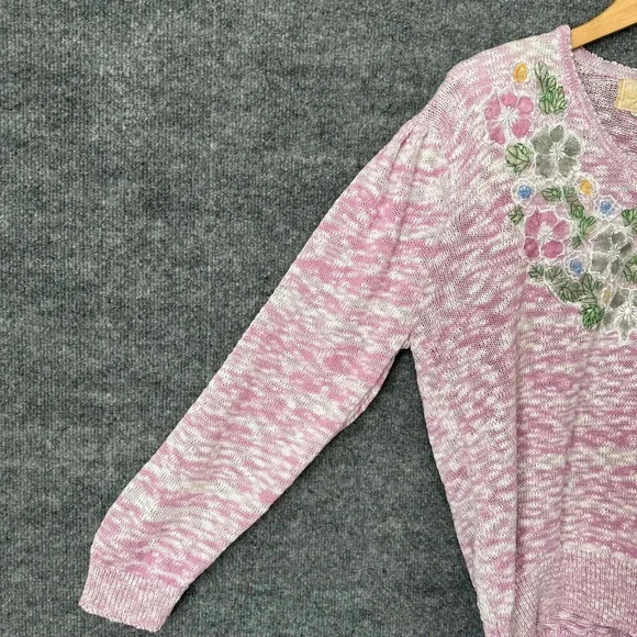 Vintage Floral Sweater Womens Small Pink Pastel Modest V-Neck 80s Pullover - Picture 10 of 16